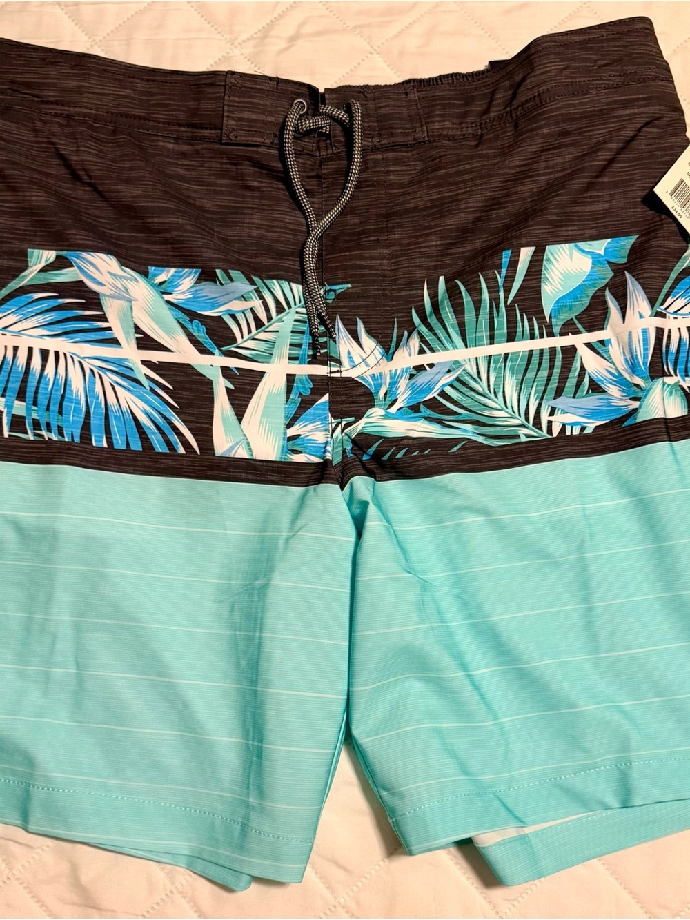 Trinity Aqua Blue and Black Tropical Stripe Board Shorts 9” inseam size XL